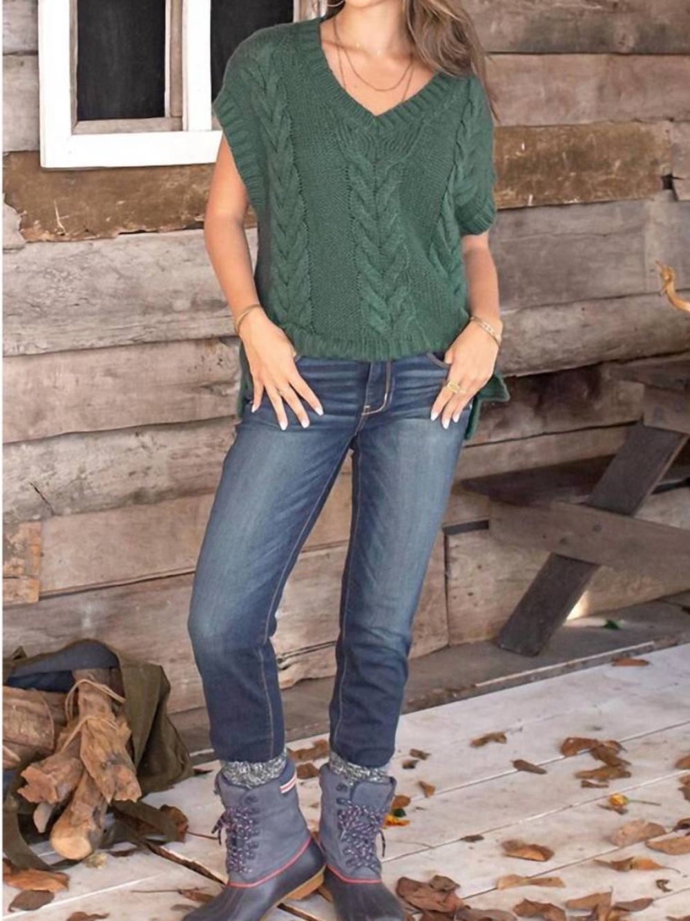Wooden Ships by Paola Buendia Fiona Cable Knit V-neck Sweater Vest Juniper Green